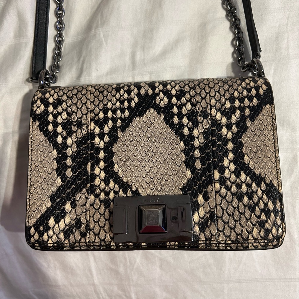 Furla Black and Cream Crossbody Bag with Snakeskin Pattern